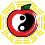 A red apple with a ying yang symbol in the middle. The bagua symbol sorrounds the apple.