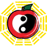 A red apple with a ying yang symbol in the middle. The bagua symbol sorrounds the apple.